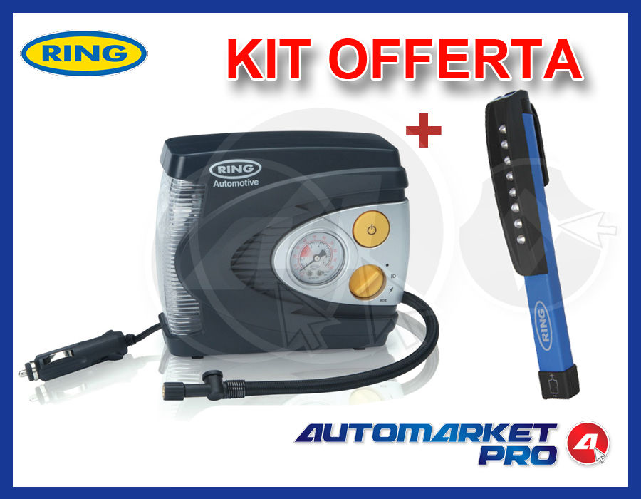 COMPRESSORE ARIA PORTATILE RAC620 RING 12V AUTO MOTO BICI + MINI PENNA LED RIL50